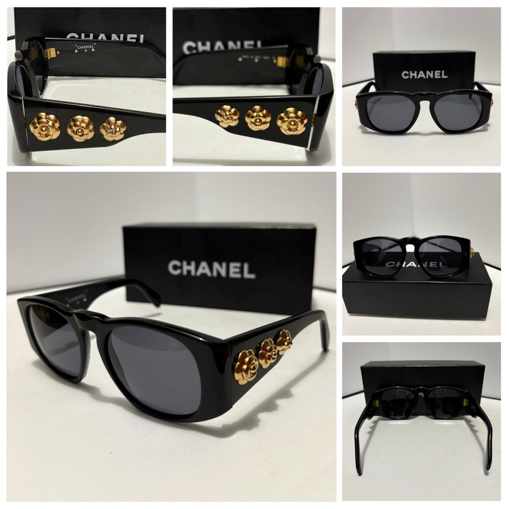 Chanel Black Sunglasses with Gold Camilla Flower Accents